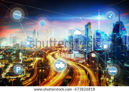 Morden city and smart transportation and intelligent communication network of things ,wireless connection technologies for business . Royalty-Free Stock Photo #673826818