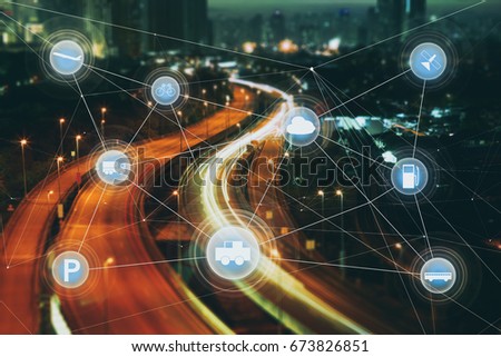 Morden city and smart transportation and intelligent communication network of things ,wireless connection technologies for business . Royalty-Free Stock Photo #673826851