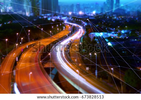 Morden city and smart transportation and intelligent communication network of things ,wireless connection technologies for business . Royalty-Free Stock Photo #673828513