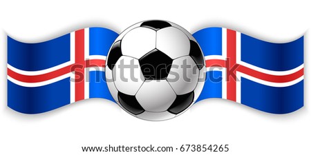 Icelandic and Icelandic wavy flags with football ball. Iceland combined with Iceland isolated on white. Football match or international sport competition concept.