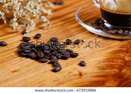 Coffee concept, coffee bean, a cup of coffee, coffee on the table, idea for design