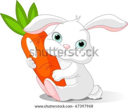 Small lovely rabbit holds giant carrot