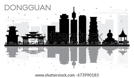 Dongguan City skyline black and white silhouette with reflections. Vector illustration. Cityscape with landmarks.
