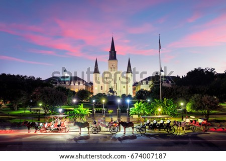 Saint louis cathedral and jackson square in new orleans, louisiana, united states at sunset