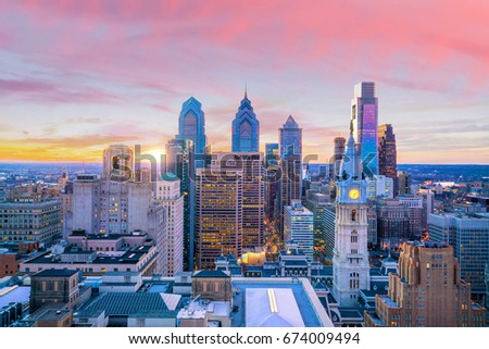 Skyline of downtown Philadelphia at sunset USA