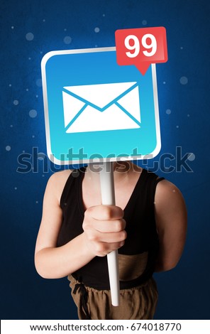 Casual young woman holding square sign with mail icon 