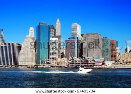New York City Manhattan skyline panorama in the morning with skyscrapers over Hudson River with blue sky.