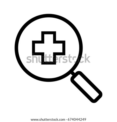 Hospital search linear icon. Thick line illustration. Magnifying glass with medical cross. Contour symbol. Vector isolated outline drawing