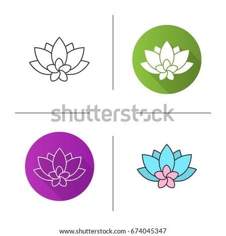 Spa salon flowers icon. Flat design, linear and color styles. Aromatherapy lotus and plumeria. Isolated vector illustrations