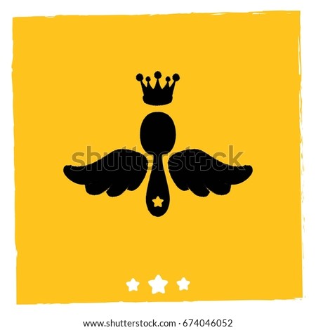 Black spoon with wings and crown. Flat illustration. Food theme. Hipster logotype. Grunge style border. Hand drawn menu icon.