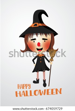 Cute Halloween witch with broomstick - character cartoon