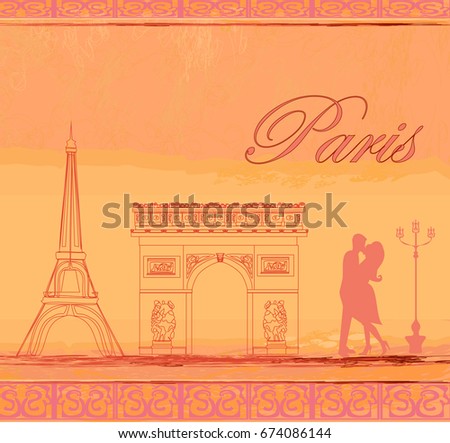 couple in love in Paris - vintage card