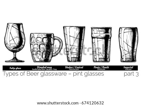 Types of Beer glassware, pint glasses. Tulip, dimpled, conical, nonic and imperial pints. illustration of stemwares in vintage engraved style. isolated on white background.