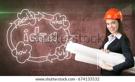 Creative concept, beauty businesswoman standing with blueprints on painted background near idea organizational chart.