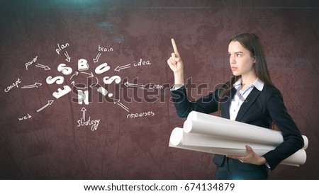 Woman in a suit near wall with blueprints and a business idea sketch drawn on it. Concept of a successful business.