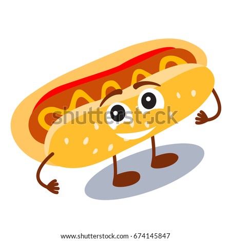 Funny, cute fast food hot dog with smiling human face isolated on white background. Vector illustration for kids restaurant menu. American unhealthy lunch icon for your cute design.