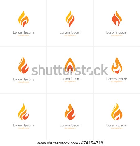 Flame logo set. Fire icon, oil and gas industry symbol isolated on white background.