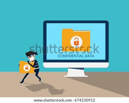 Thief. Hacker stealing confidential data document folder from computer useful for anti phishing and internet viruses campaigns. concept hacking internet social network. Cartoon Vector Illustration.
 Royalty-Free Stock Photo #674230912