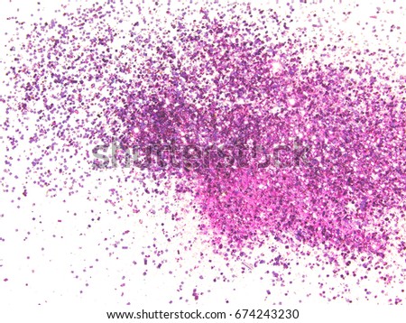 Purple glitter sparkles on white background. Can be used as place for text, for greeting or invitation cards, fashion magazines, web sites etc.