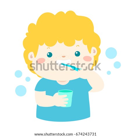 Happy boy brushing teeth cartoon vector illustration.