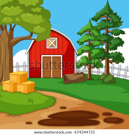 Farm scene with barn and trees illustration