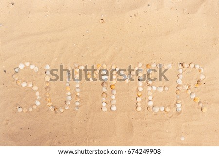 abstract word summer made of seashells on a sand