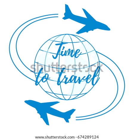 Cute vector illustration of aircraft flying around the globe. Design for poster or print.