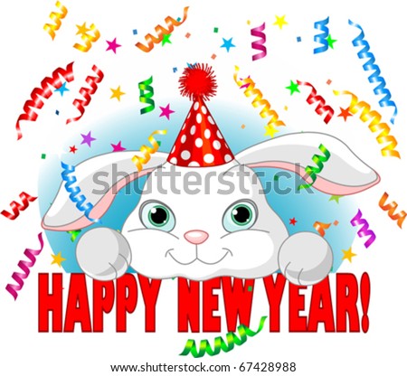 Cute white baby rabbit with party hat celebrating New Year