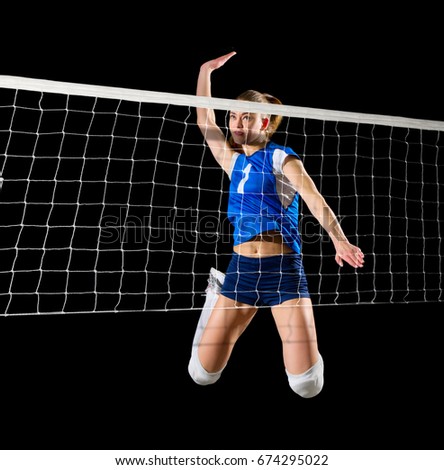 Young woman volleyball player isolated (version with net)
