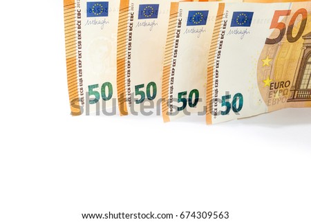 Pile of fifty euro banknotes isolated on white background use for money or currency background and financial concepts.