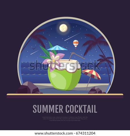 Flat style design of summer beach landscape with cocktail