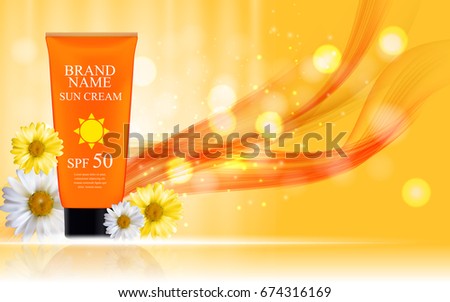 Sun Care Cream Bottle, Tube with Flowers Chamomile Template for Ads, Announcement Sale, Promotion New Product or Magazine Background. 3D Realistic Vector Iillustration. EPS10