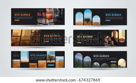 set of black horizontal web banners of standard size with different geometric elements and designs for photos. Vector template;  Royalty-Free Stock Photo #674327869