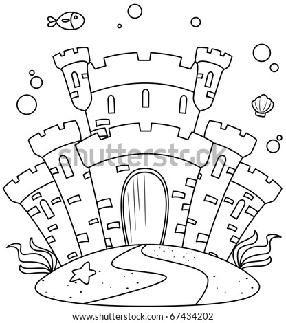 Line Art Illustration of a Castle Under the Sea (Coloring Page)