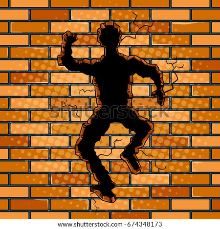 Human silhouette hole in brick wall pop art retro vector illustration. Comic book style imitation.