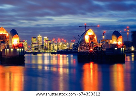 Long exposure photography, Thames Barrier and Canary Wharf in London