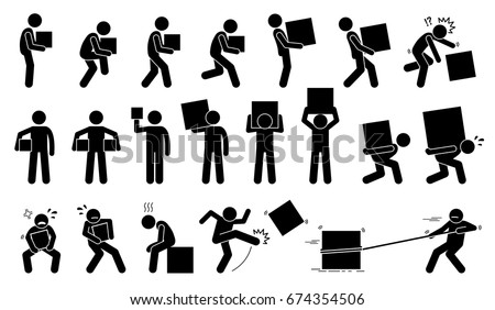 Man carrying and picking a box in various poses, postures, and positions.  Royalty-Free Stock Photo #674354506
