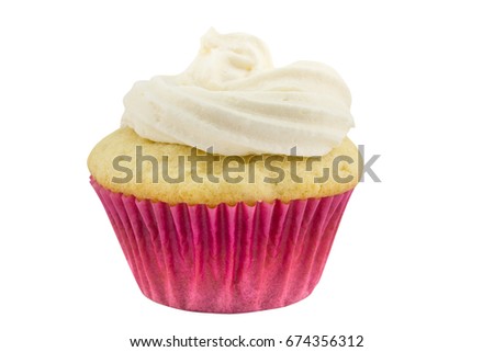 One rustic vanilla sponge cup cake with white icing in pink paper case isolated on white background