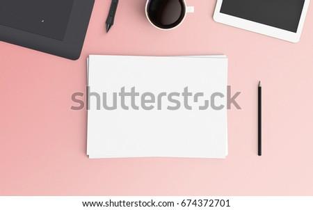 Modern office desk workplace with laptop, coffee cup, smartphone and blank paper copy space on color background. Top view. Flat lay style.