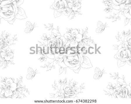 Seamless beautiful pattern with floral motivies and butterflies in French style 4
