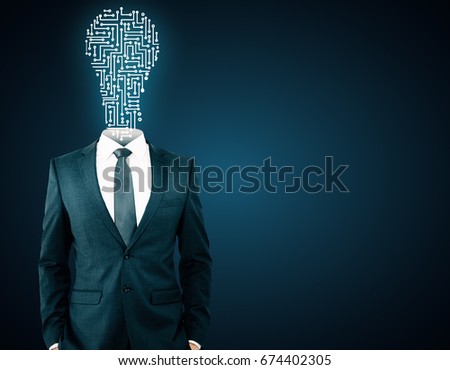 Abstract digital light bulb headed businessman on dark background with copy space. Knowledge concept