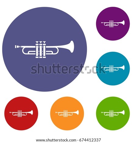 Brass trumpet icons set in flat circle reb, blue and green color for web