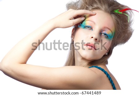 beautiful woman  with color makeup over white background