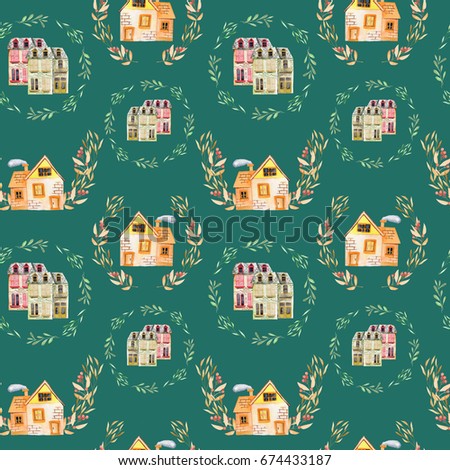 Seamless pattern with watercolor english cartoon houses inside the floral wreaths, hand painted isolated on a green background