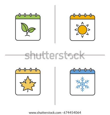 Seasons calendar color icons set. Spring, summer, autumn, winter time. Four seasons. Isolated vector illustrations