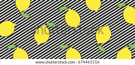 Lemons on black and white lines background. Vector illustration.