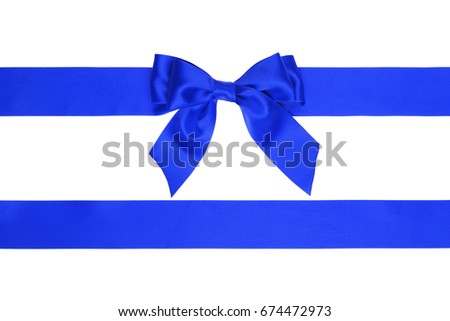 Gift blue ribbon bow with parallel ribbon on white background