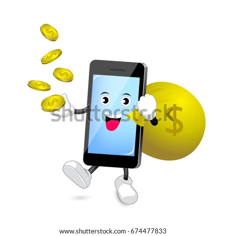Cute  smart-phone character holding bag and money coins. Cartoon mobile phone mascot. Business concept. Illustration isolated on white background.