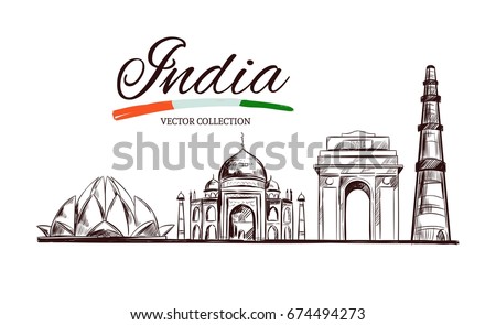 Lotus temple. Taj Mahal. Gate of India. Kutb-Minar. The Heritage of India. Vector hand drawn illustration. Sketch style. Concept. Template Royalty-Free Stock Photo #674494273