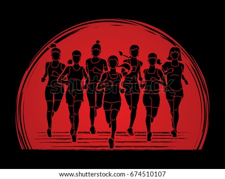 Women running, Marathon runners, Group of people running designed on sunlight background graphic vector.